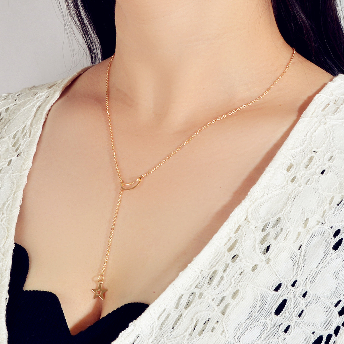 Dangle Y Lariat Crescent Moon Star Drop Charm Necklace Women's Choker Party Gift-0
