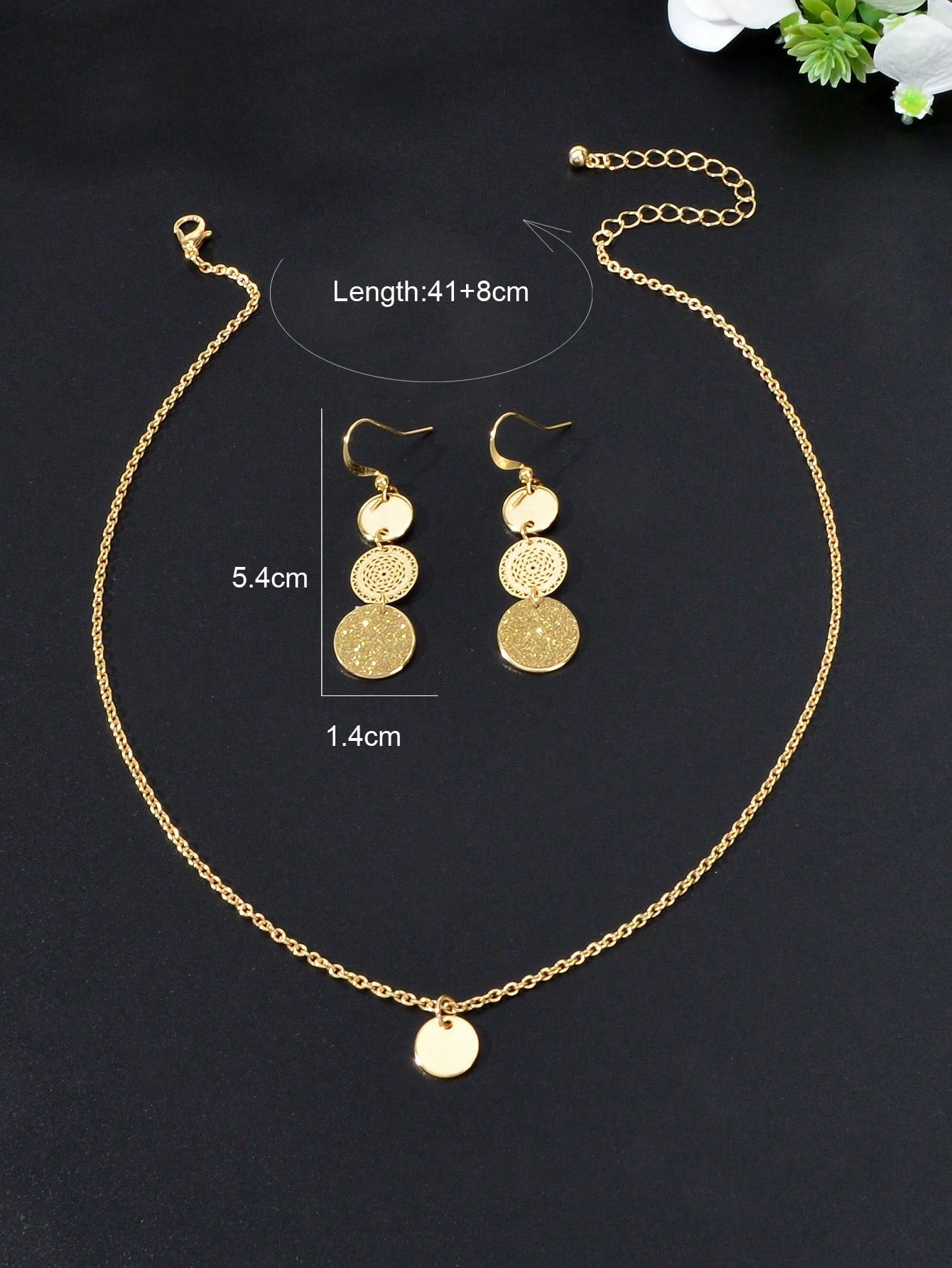 Gold Small Disc Pendant Necklace and Earring Set - Elegant Jewelry Ensemble-1