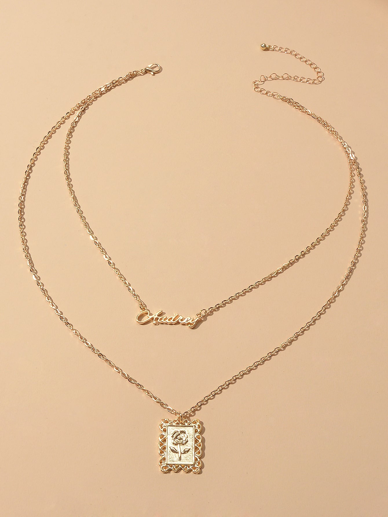 Unique Double layer Chain Letter Charm Flower Pattern Square Pendant Necklace-1