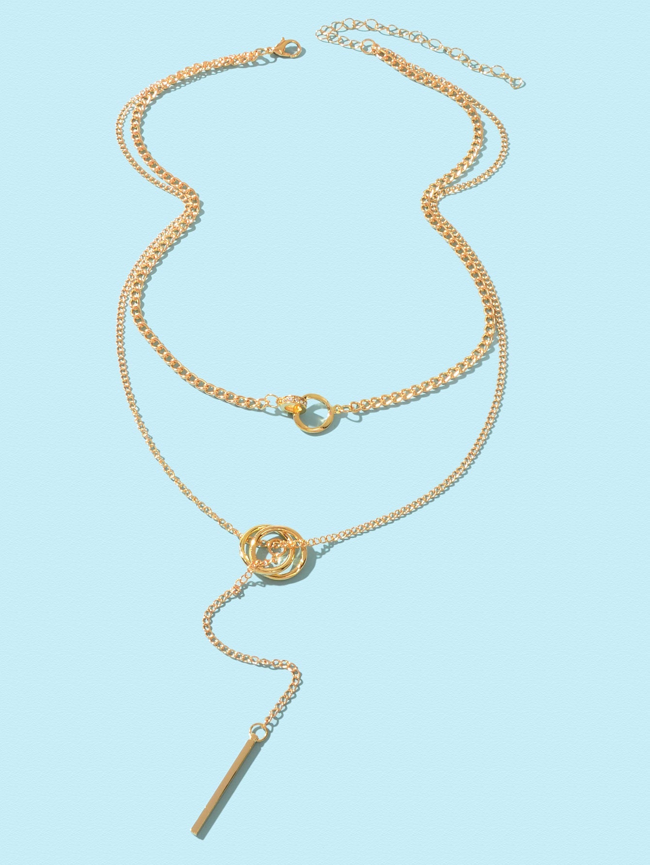Stylish Double layer Chic Gold Chain Y Style Long Pendant Stick Lariat Necklace-1