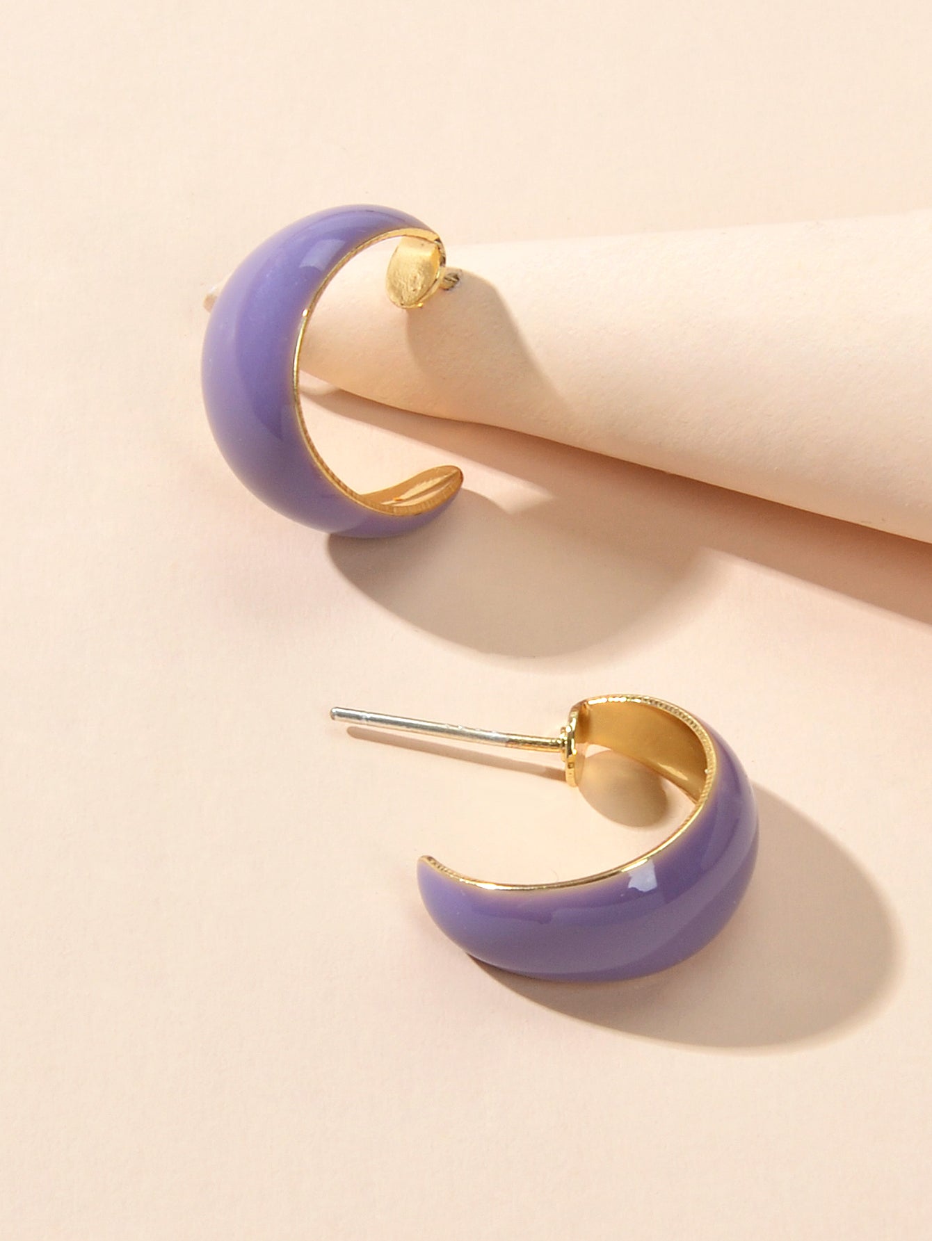 Female Retro Purple Enamel Cute Half Hypoallergenic Hoop Huggie Stud Earrings-1