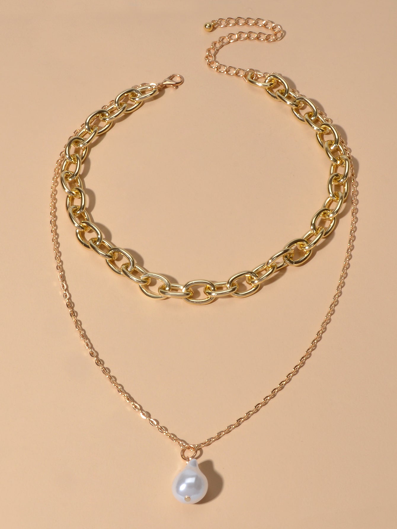 Double Layer Gold Chunky Chains Pearl Charm Women Necklace Good Quality Jewelry-1