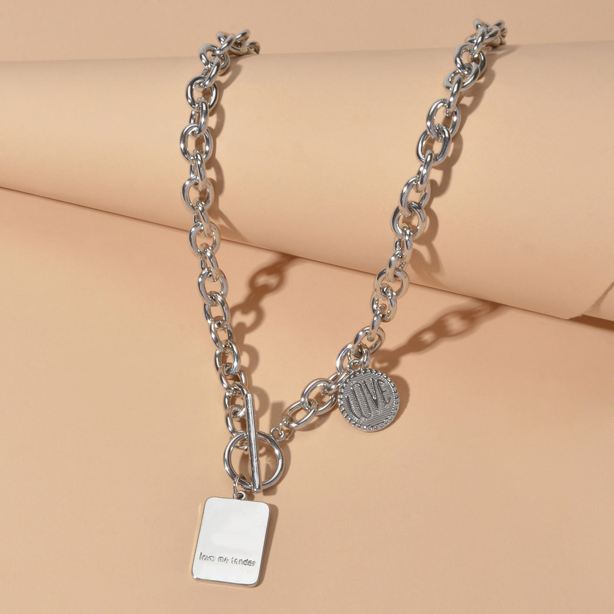 Punk Rock Love Letter Round Square Pendant Chunky Necklace Lover Hip-Hop Jewelry-2