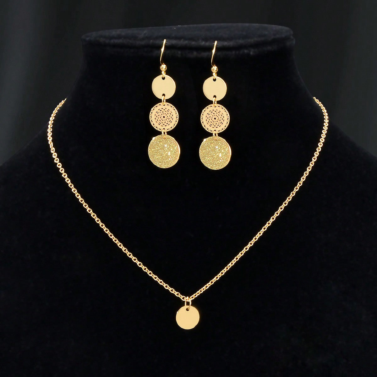 Gold Small Disc Pendant Necklace and Earring Set - Elegant Jewelry Ensemble-2