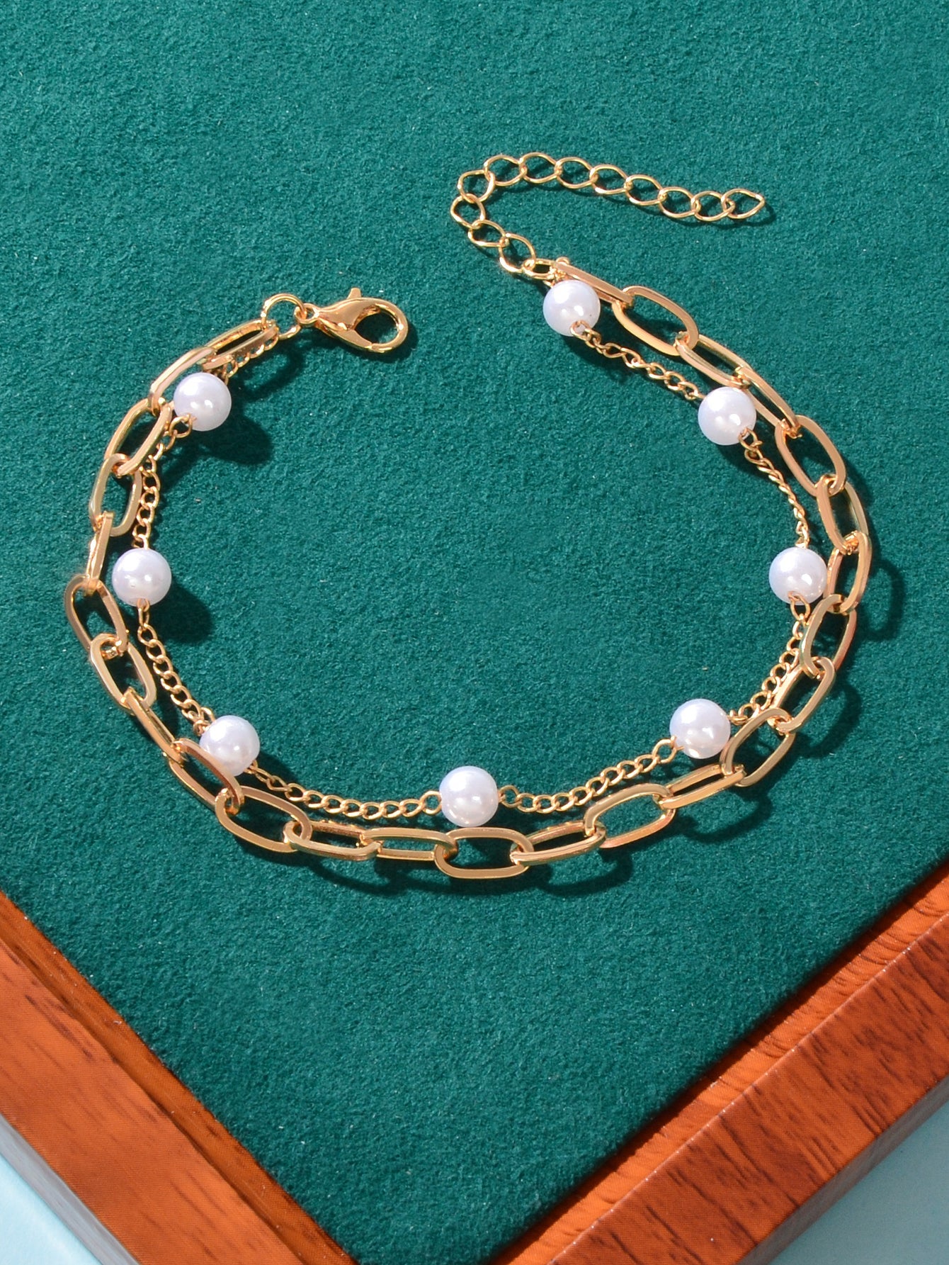 Dainty Double layer Gold Chain Pearl Decor Adjustable Anklet Boho Foot Jewellery-1