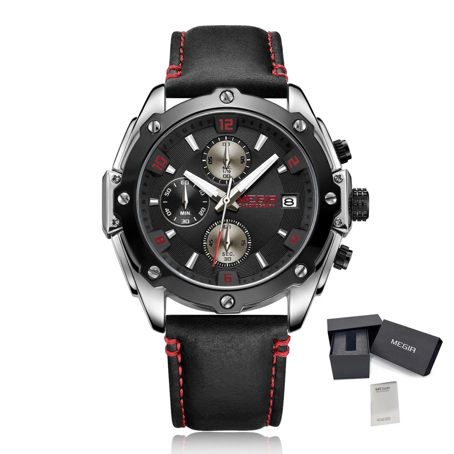 MEGIR Chronograph Men Watch Relogio Masculino Leather Strap Business Quartz Watch Clock Waterproof Date Army Military Wristwatch-15