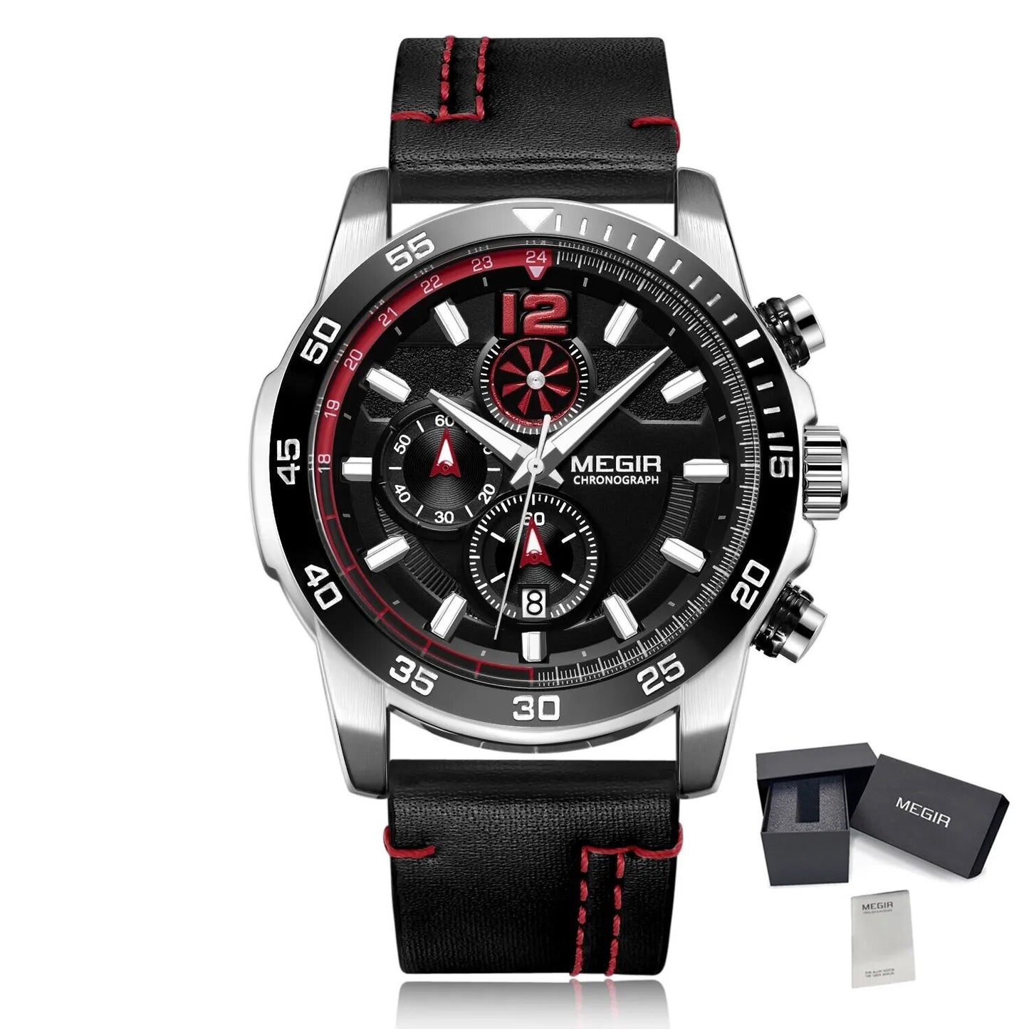 MEGIR Black Luxury Men's Wrist Watch Man Leather Strap Waterproof Chronograph Sports Men Watches Clock Hour Quartz Wristwatches-11