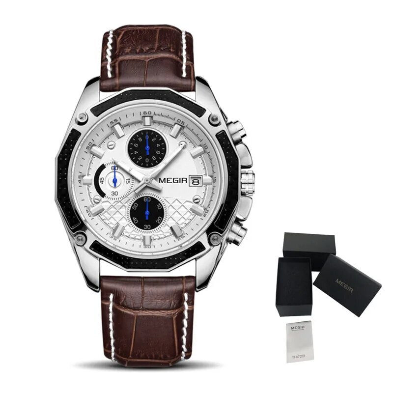 MEGIR Fashion Luxury Sport Watches Luxury Brand Waterproof Leather Chronograph Quartz Military Wristwatch Clock for Men 2015-15