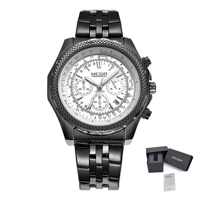 MEGIR Fashion Business Men's Watch Stainless Steel Quartz Wristwatch Calendar Big Dial Man Military Sports Chronograph Clock-10