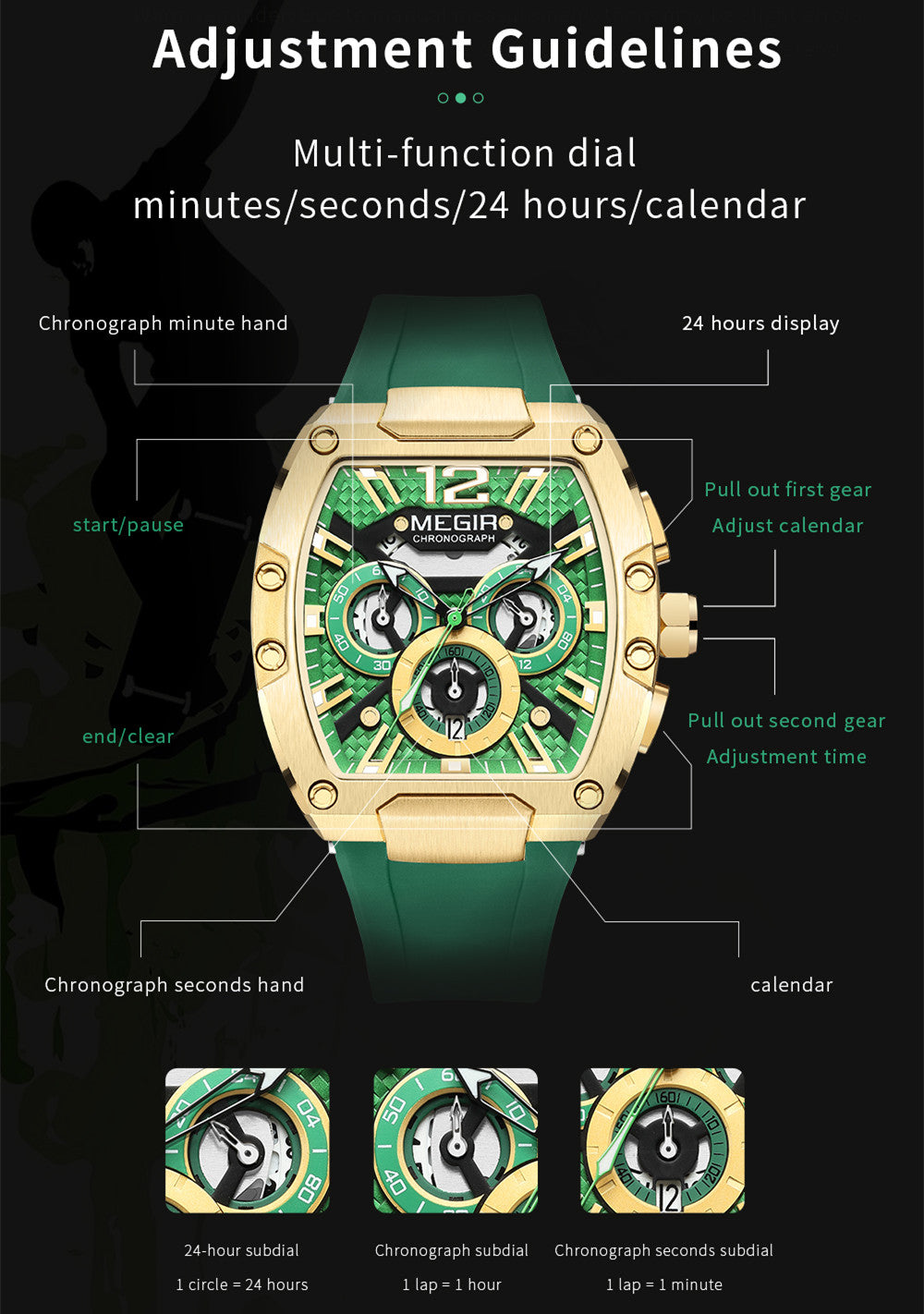 MEGIR Chronograph Luxury Sport Quartz Watch Men Waterproof Luminous Silicone Casual Big Dial Wristwatch Auto Date Reloj Hombre-10