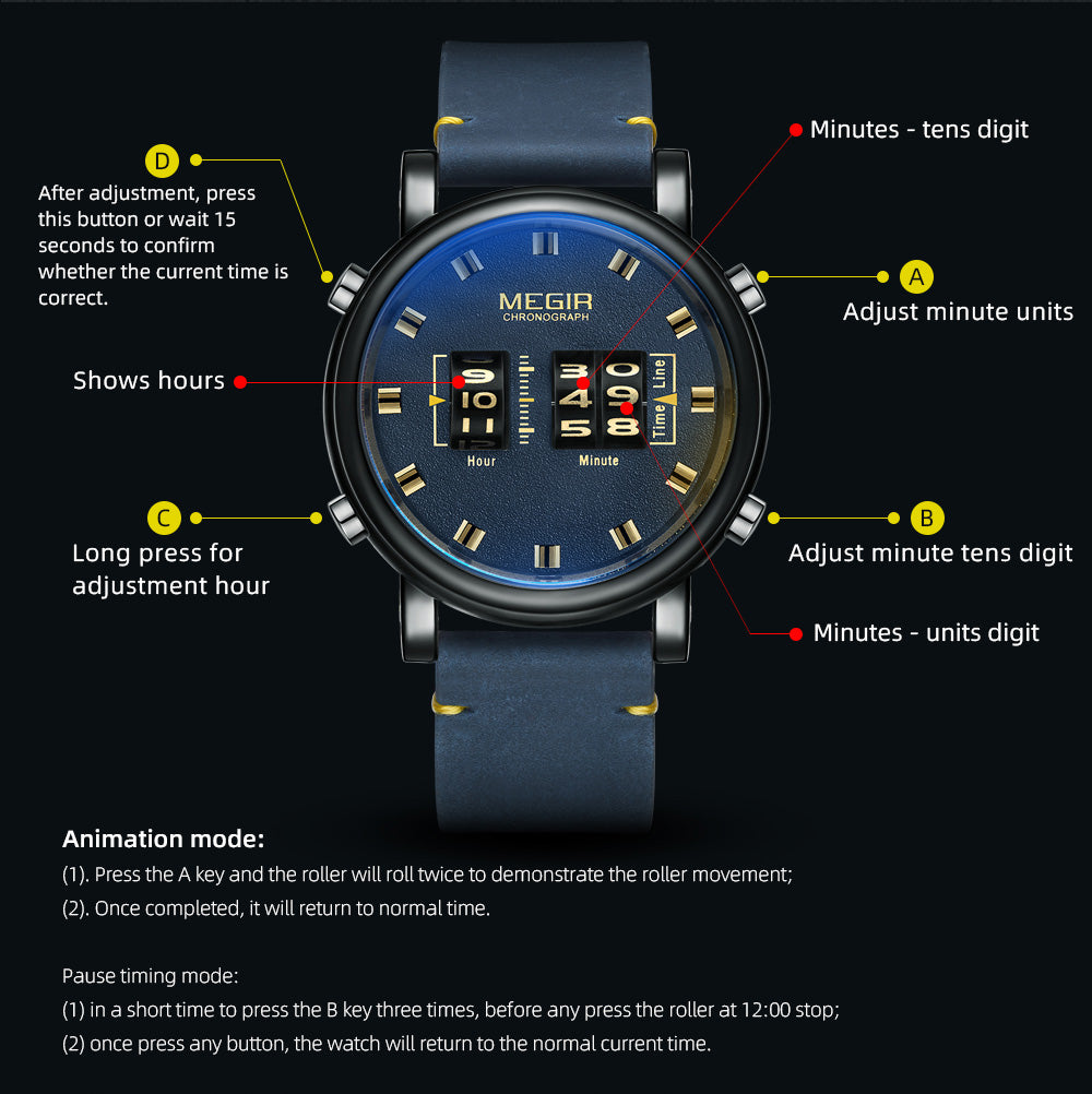 MEGIR Roller Pointer Watches for Men Fashion Luxury Military Sport Watch Leather Strap Quartz Wristwatch Clock Relogio Mascilino-10