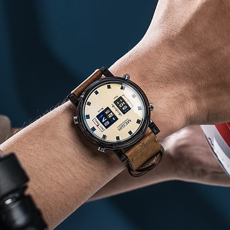 MEGIR Roller Pointer Watches for Men Fashion Luxury Military Sport Watch Leather Strap Quartz Wristwatch Clock Relogio Mascilino-1