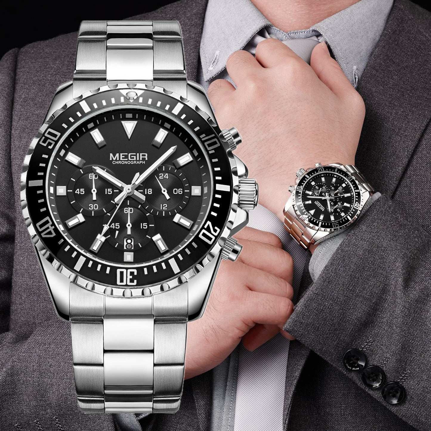 MEGIR Original Luxury Business Quartz Watch Men Brand Stainless Steel Chronograph Military WristWatch Clock Relogio Masculino-0