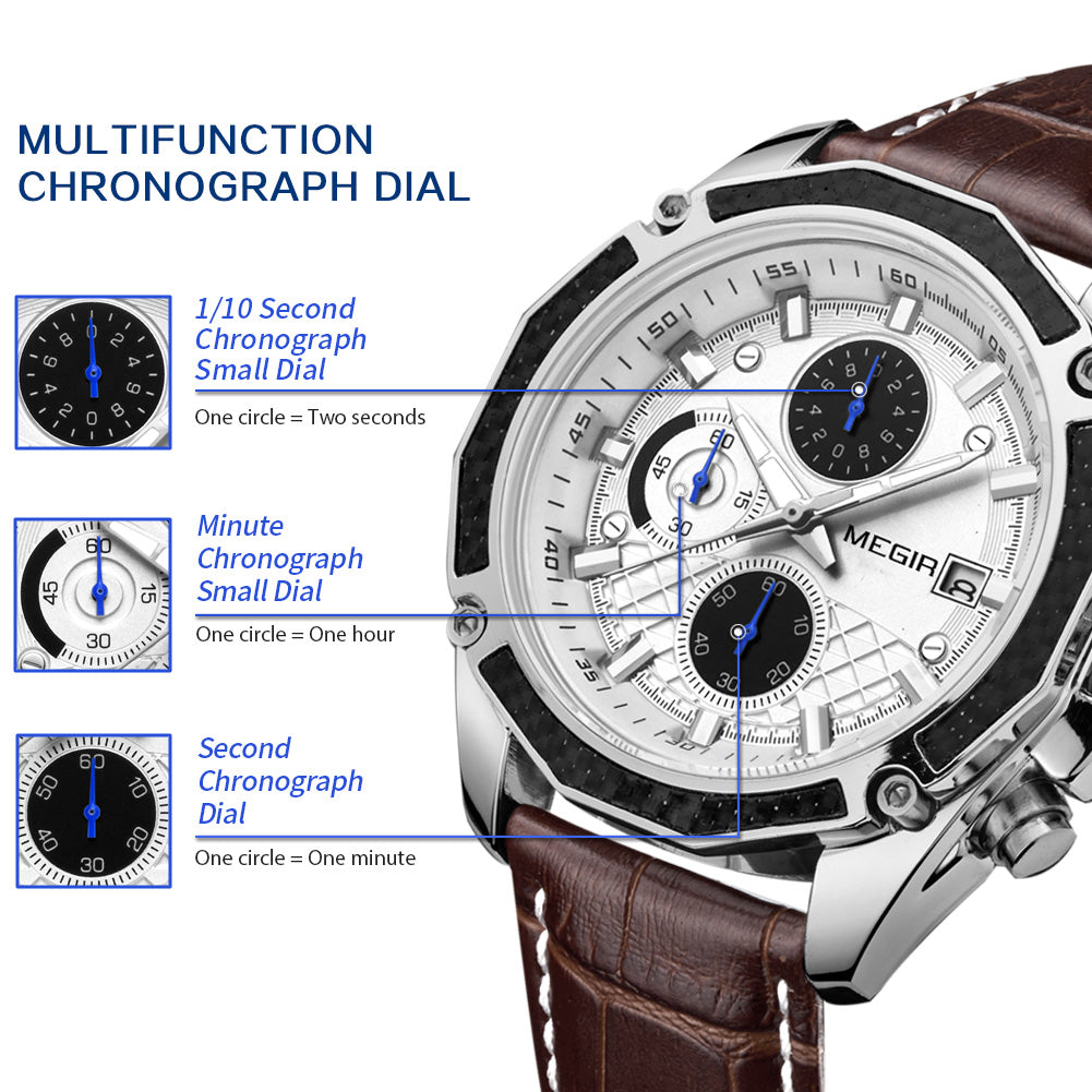 MEGIR Fashion Luxury Sport Watches Luxury Brand Waterproof Leather Chronograph Quartz Military Wristwatch Clock for Men 2015-4
