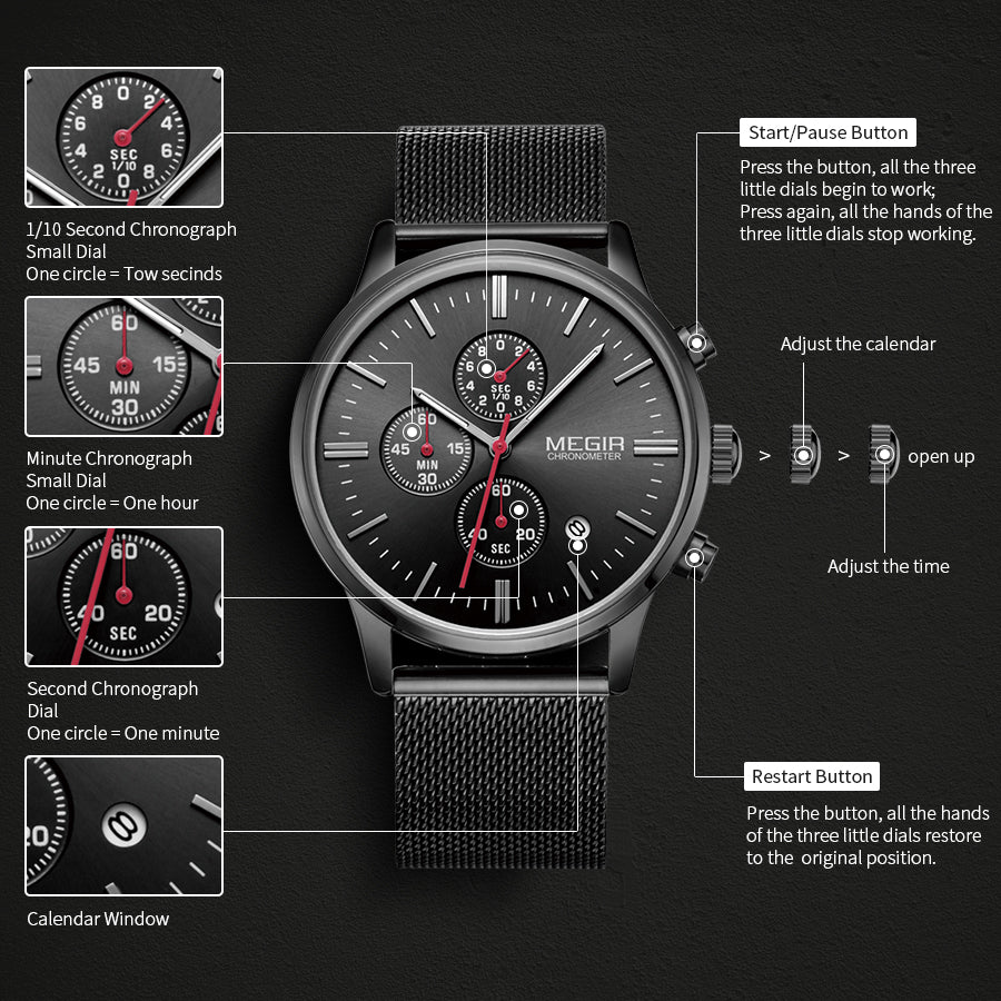 MEGIR Men's Quartz Watch Top Brand Luxury Wristwatch Waterproof Business Clock Date Wrist Watch Chronograph reloj hombre 2011-6