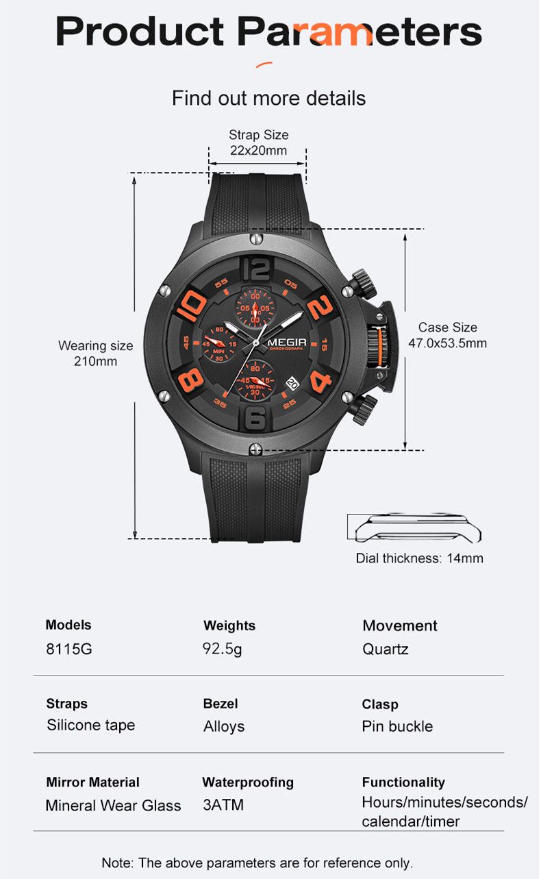 MEGIR Relogio Masculino Luxury Quartz Watch for Men Yellow Silicone Strap Military Sport WristWatch Chronograph with Auto Date-9