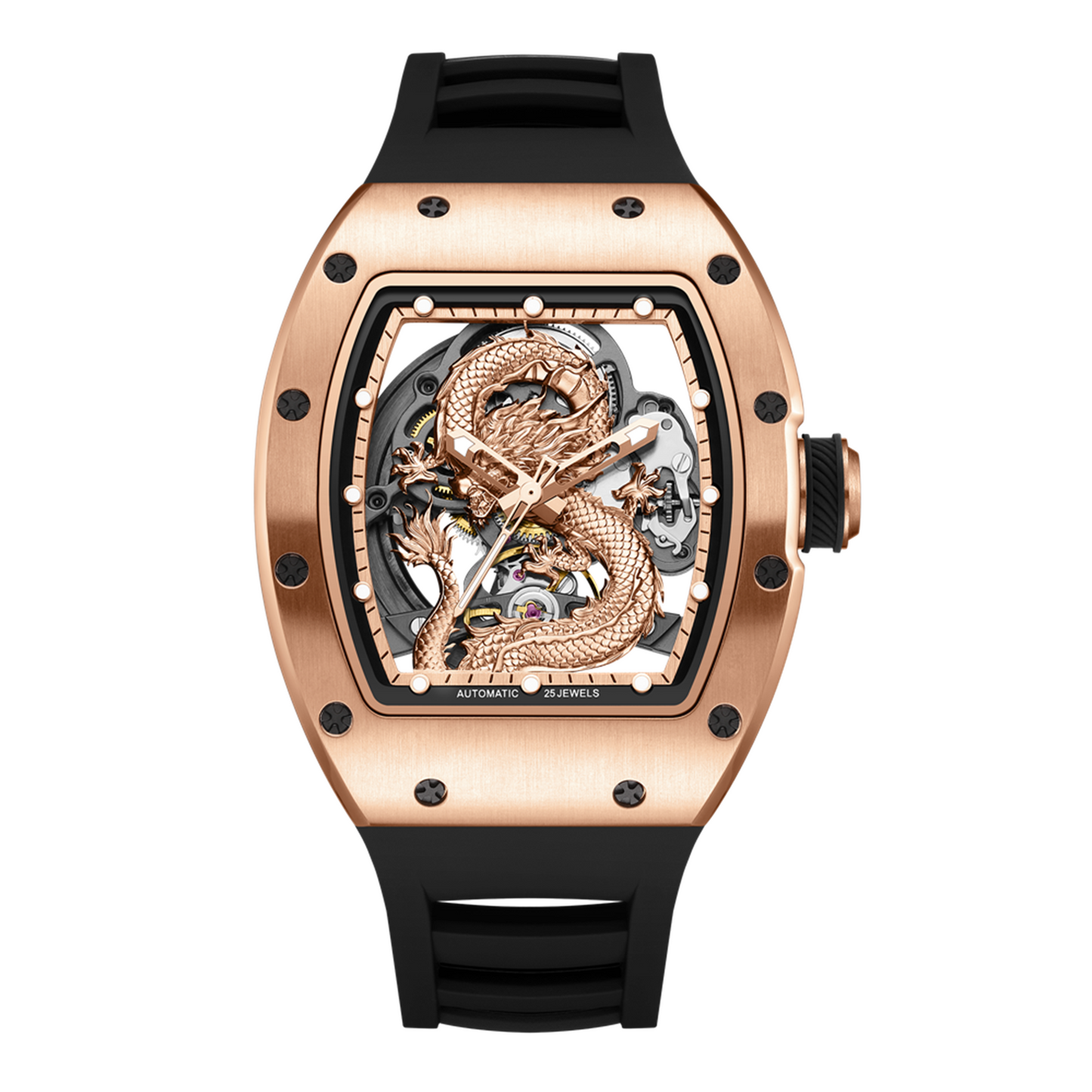 New Automatic Mechanical Skeleton Men Watch Luxury Stainless Steel Case Tonneau Dial Wristwatch Waterproof Sport Watches 9190-15-9