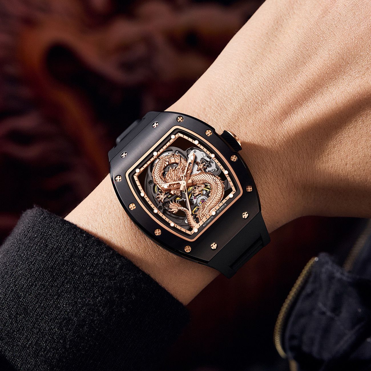New Automatic Mechanical Skeleton Men Watch Luxury Stainless Steel Case Tonneau Dial Wristwatch Waterproof Sport Watches 9190-15-2