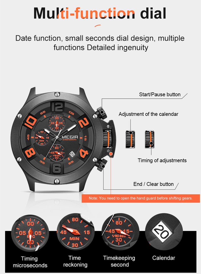 MEGIR Relogio Masculino Luxury Quartz Watch for Men Yellow Silicone Strap Military Sport WristWatch Chronograph with Auto Date-7