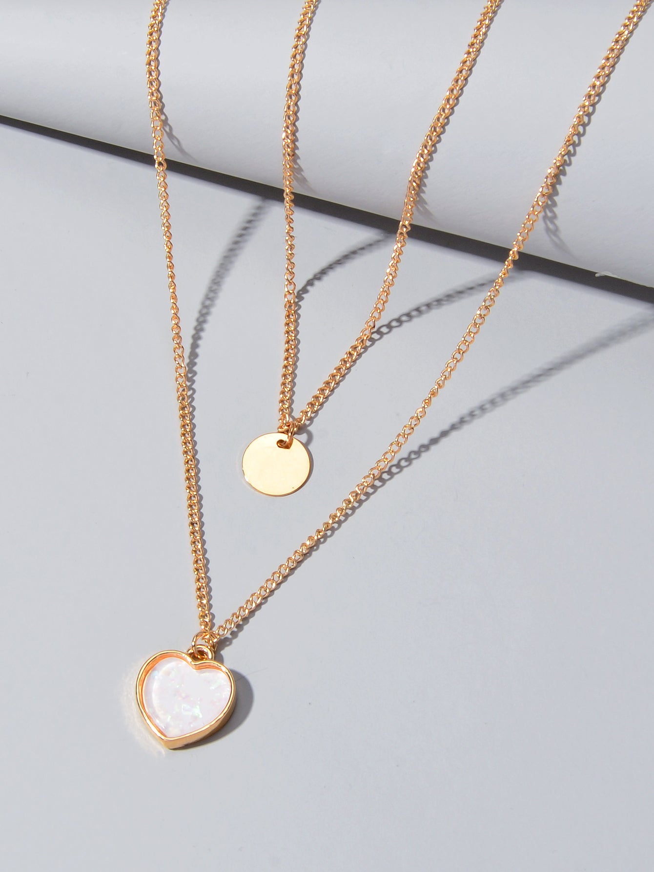 2 pcs Multiple Gold Silver Chain Round Heart Charm Women Necklace Female Jewelry-2