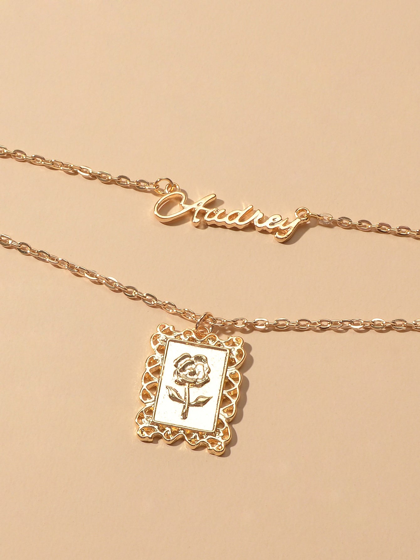 Unique Double layer Chain Letter Charm Flower Pattern Square Pendant Necklace-3