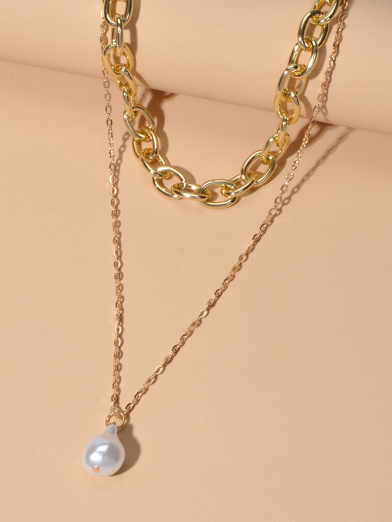 Double Layer Gold Chunky Chains Pearl Charm Women Necklace Good Quality Jewelry-2