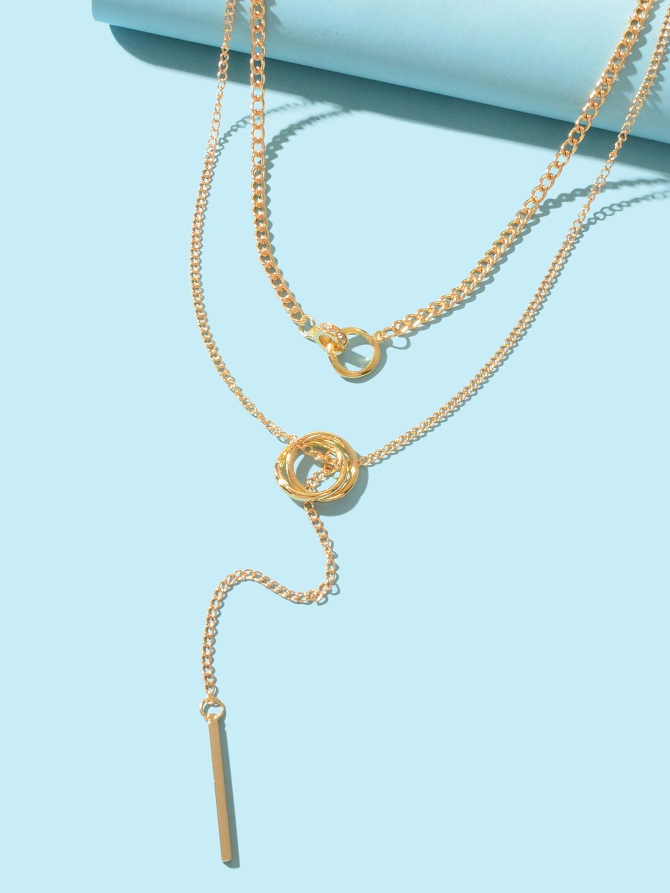 Stylish Double layer Chic Gold Chain Y Style Long Pendant Stick Lariat Necklace-2