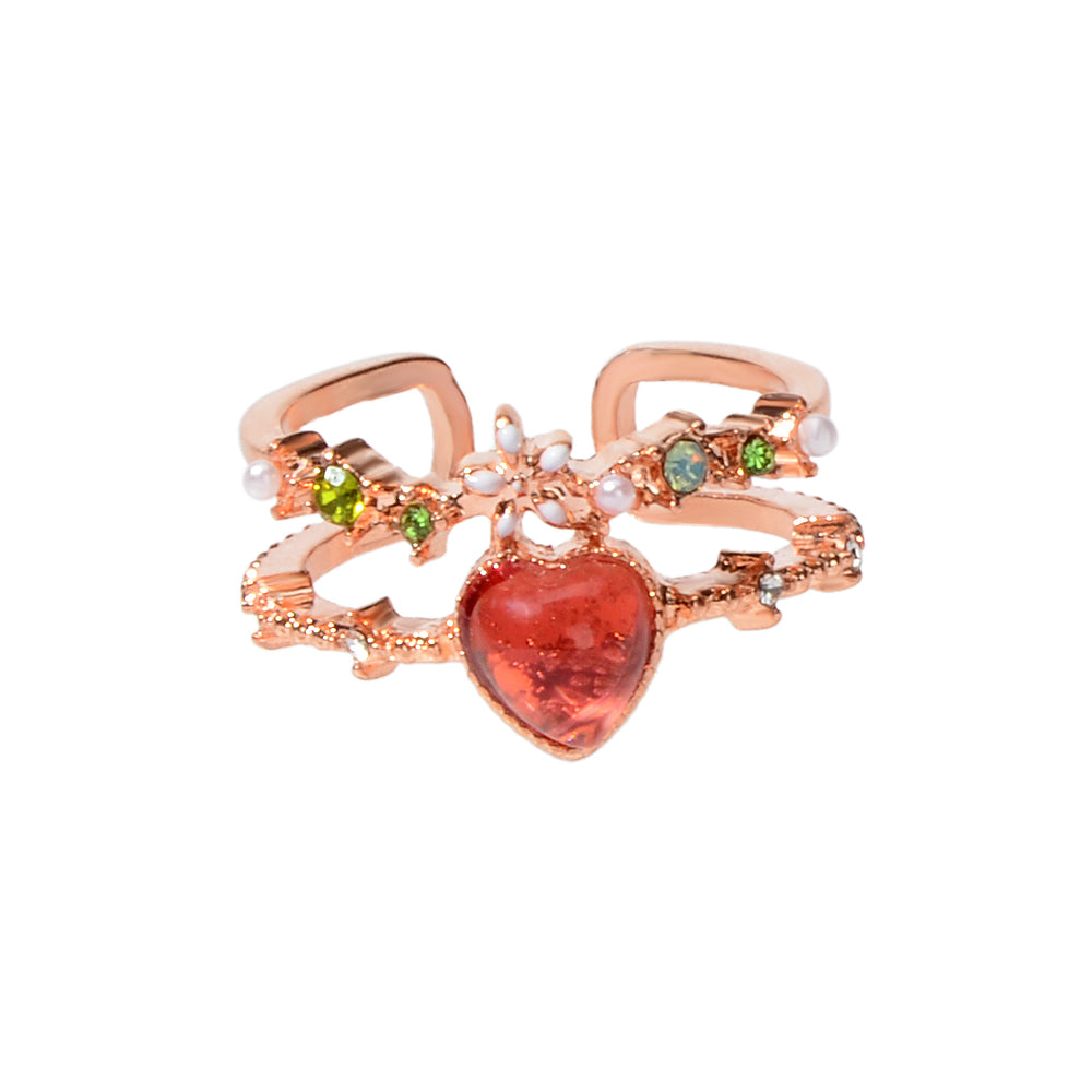 AU Post Luxury Faux Pearl Rhinestone Red Love Heart Rosegold Cuff Finger Ring-4