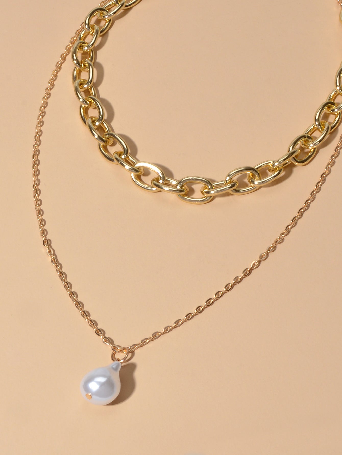 Double Layer Gold Chunky Chains Pearl Charm Women Necklace Good Quality Jewelry-3