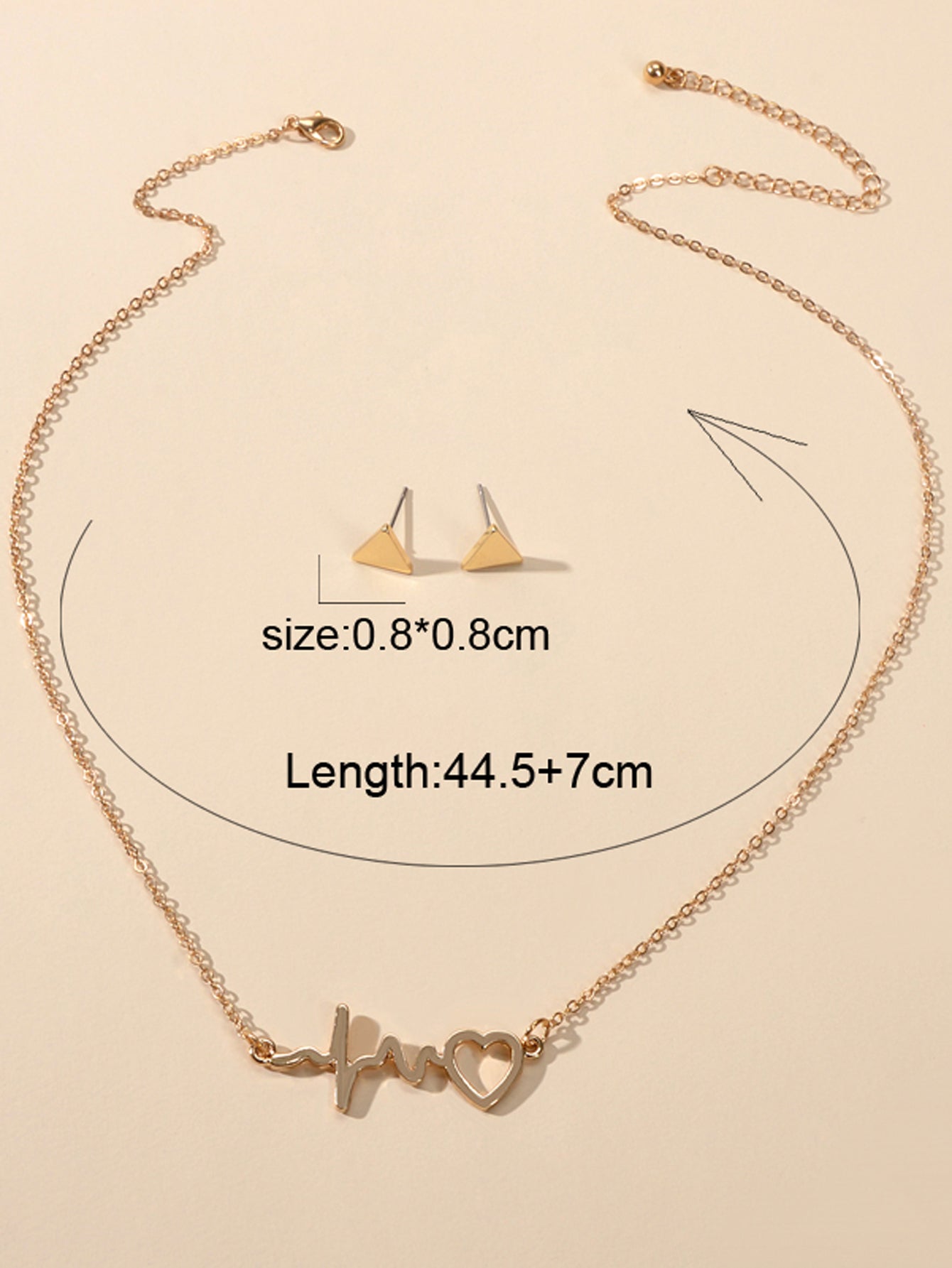 Minimalist Jewellery set Gold Chain Heartbeat Necklace and Triangle Earrings-3