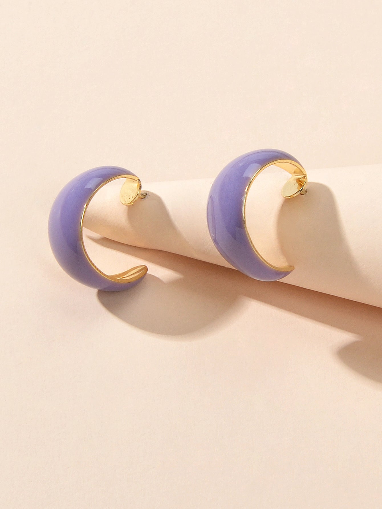 Female Retro Purple Enamel Cute Half Hypoallergenic Hoop Huggie Stud Earrings-3
