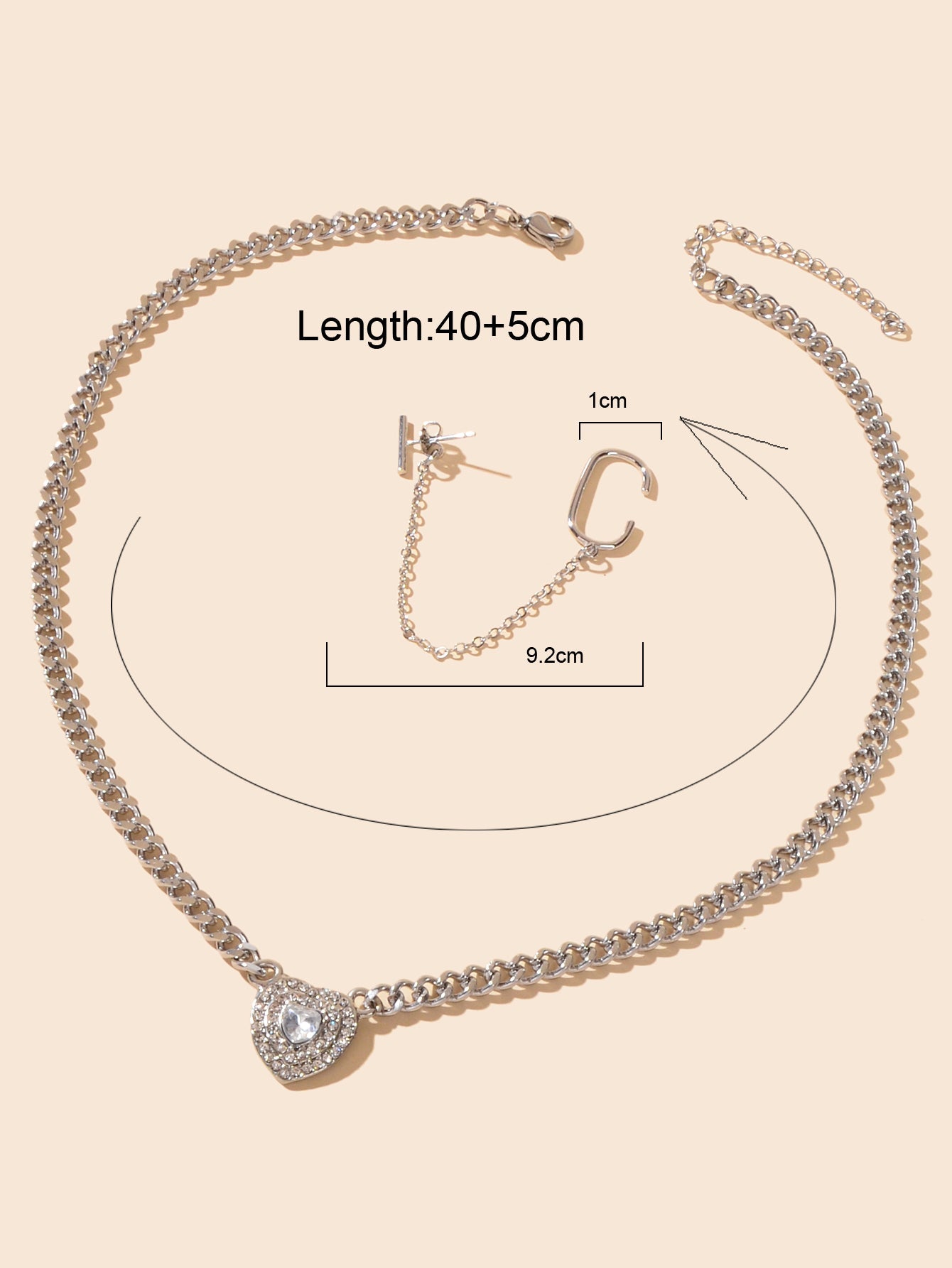 Luxury Jewellery Set Cubic Zirconia Heart Pendant Necklace Silver Ear Cuff Stud-3
