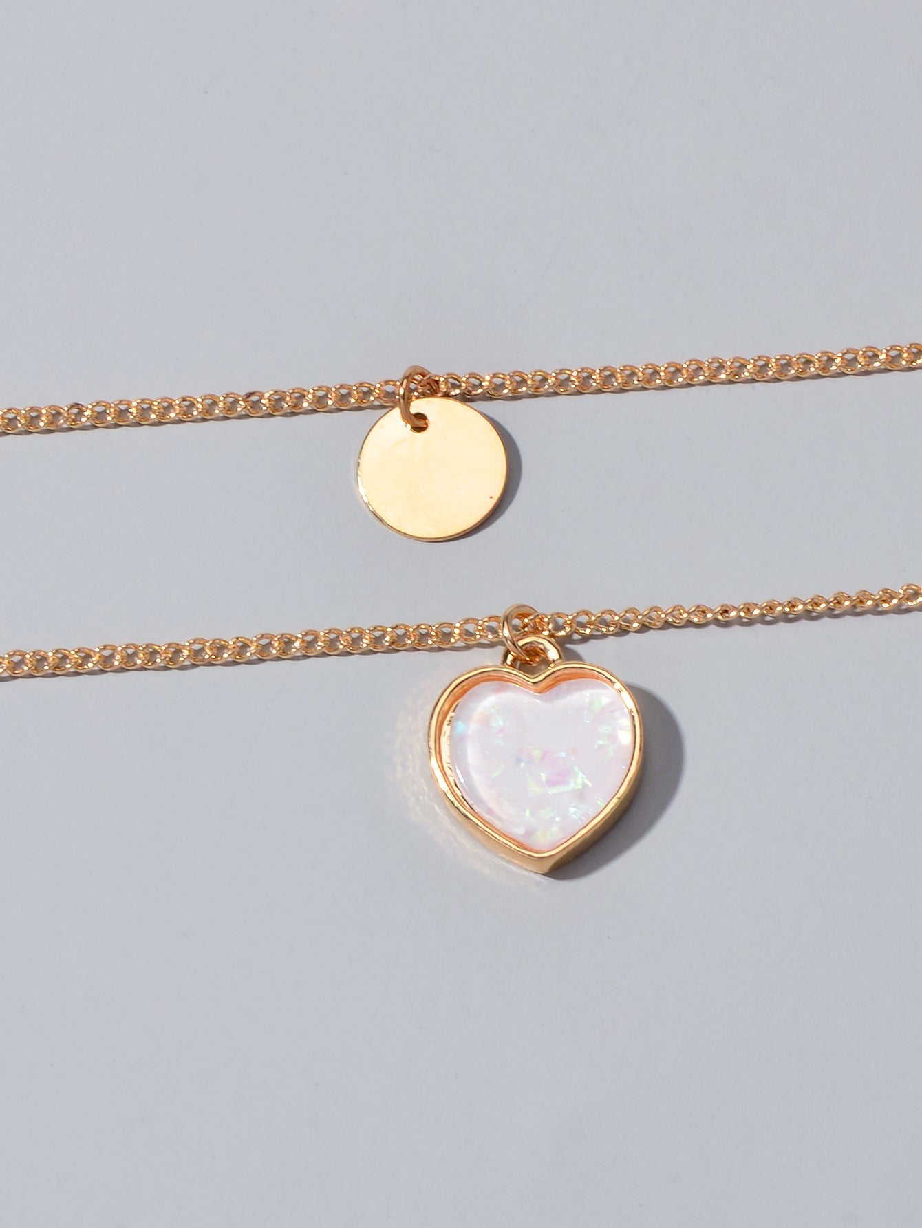 2 pcs Multiple Gold Silver Chain Round Heart Charm Women Necklace Female Jewelry-4