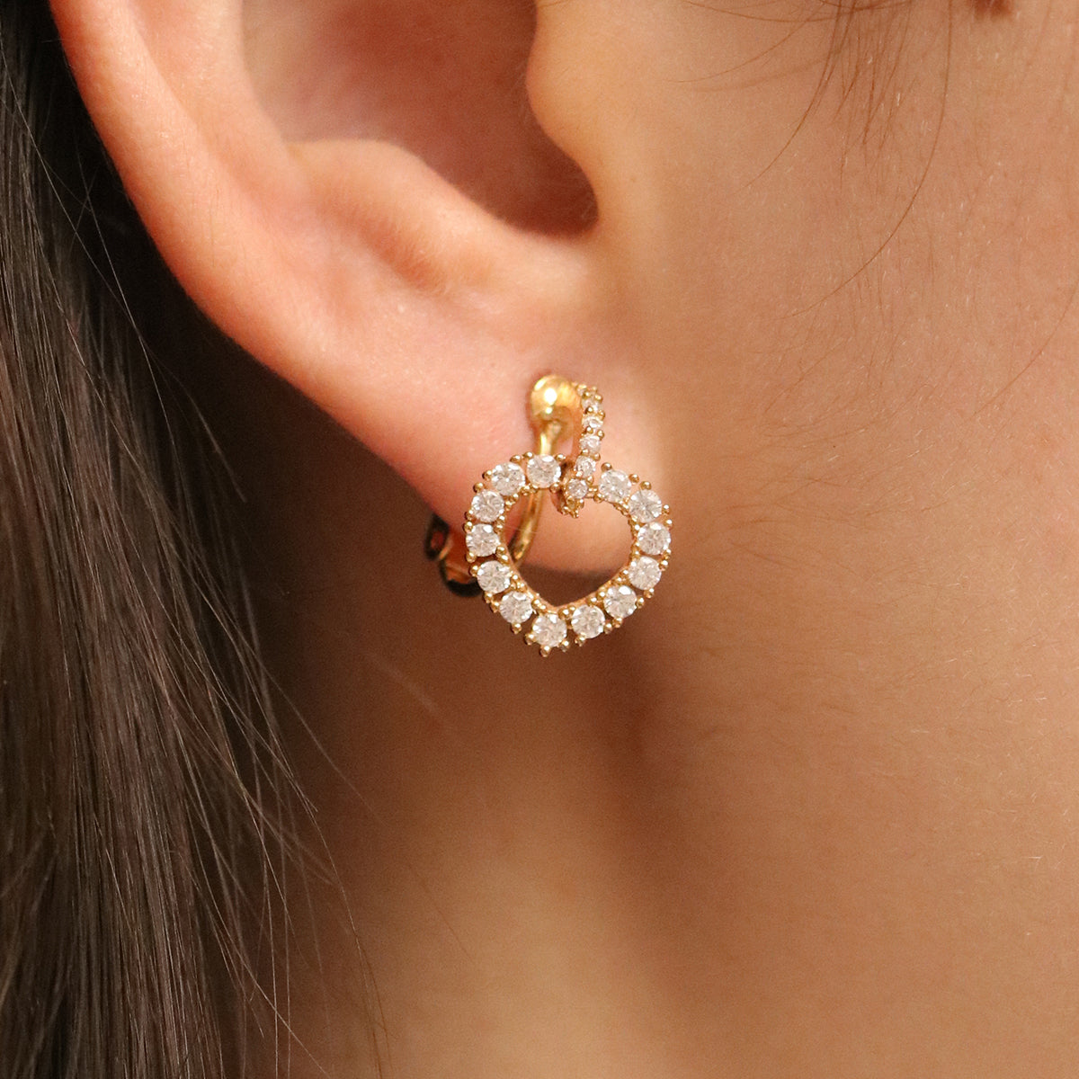 Cubic Double Heart Clip On Earrings-3