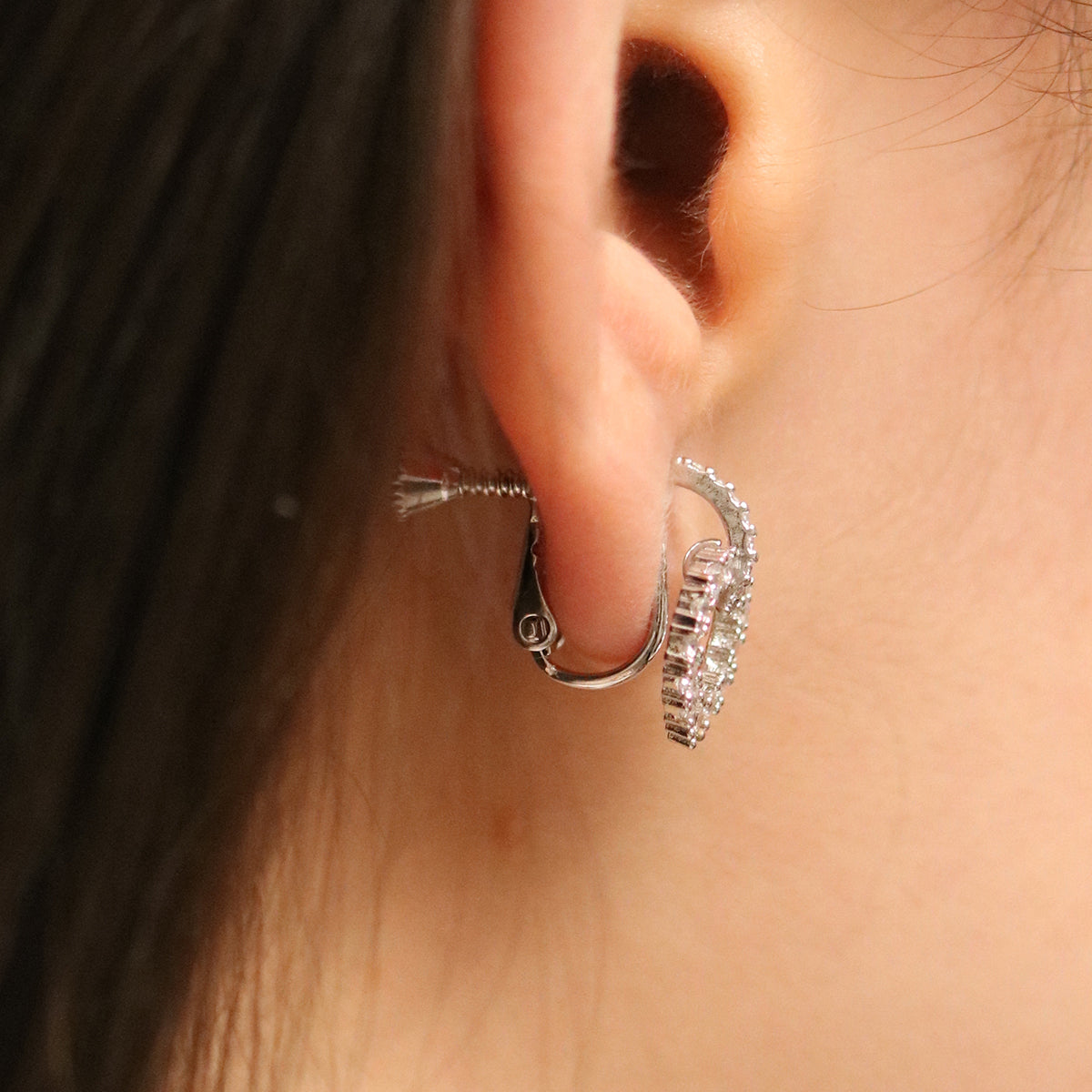 Cubic Double Heart Clip On Earrings-4