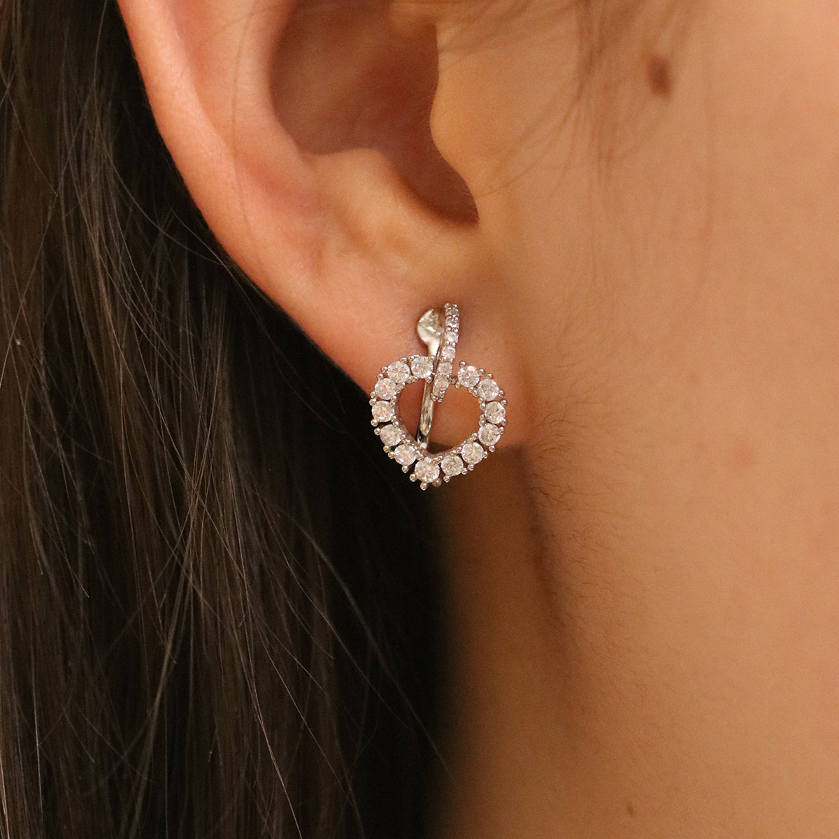 Cubic Double Heart Clip On Earrings-2