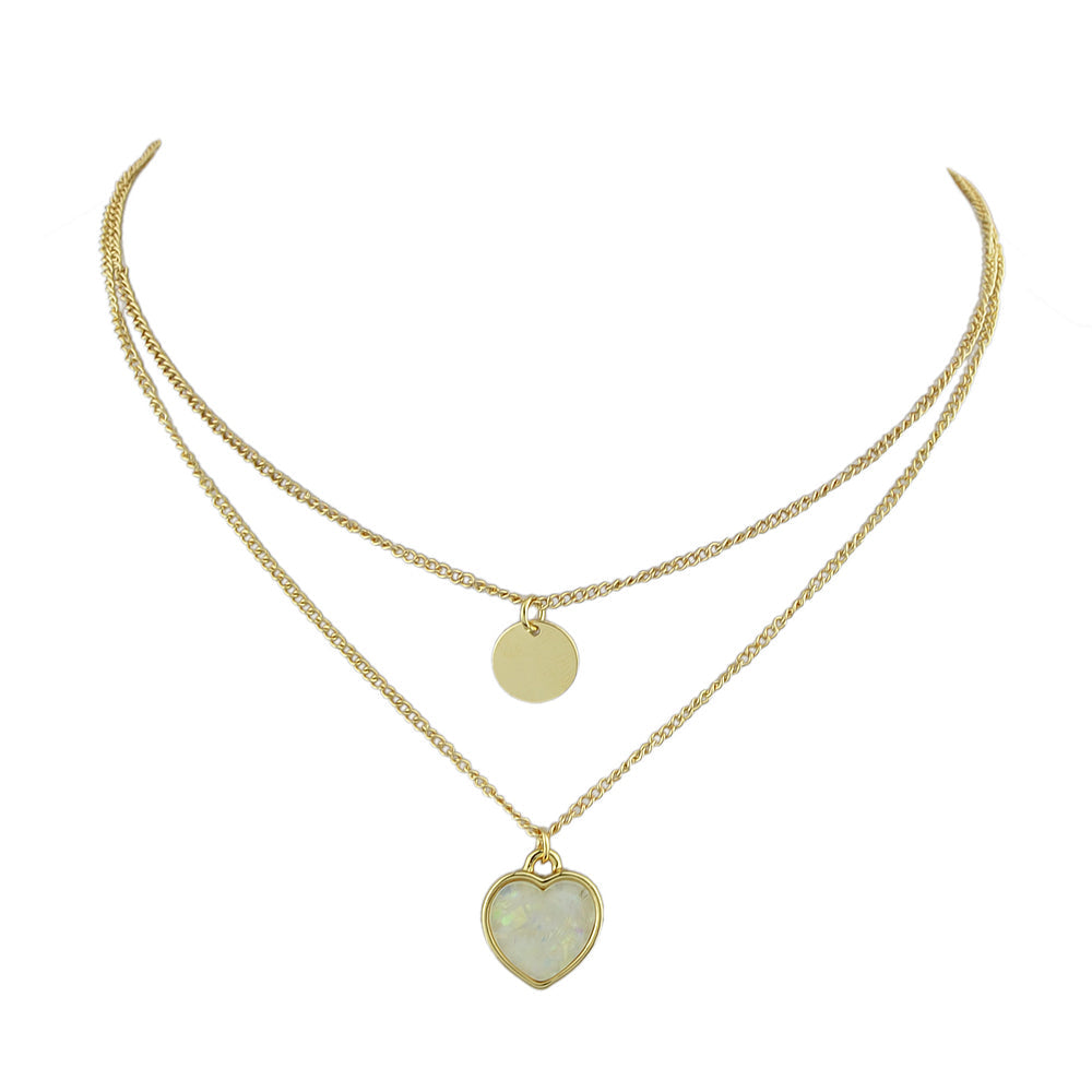 2 pcs Multiple Gold Silver Chain Round Heart Charm Women Necklace Female Jewelry-5