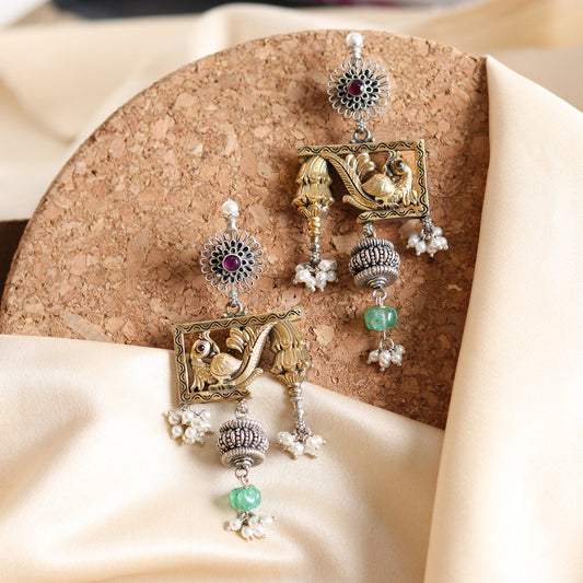 Artistic Dual Tone Peacock Earrings-0
