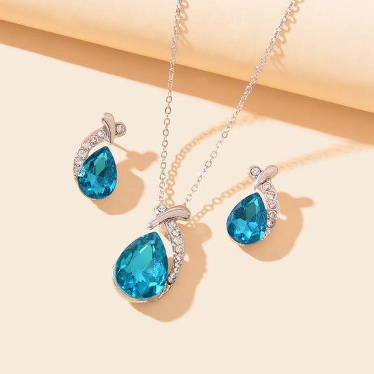 Luxurious Jewellery Set Crystal Rhinestone Water Drop Necklace and Stud Earrings-0