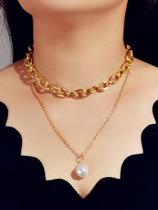 Double Layer Gold Chunky Chains Pearl Charm Women Necklace Good Quality Jewelry-0