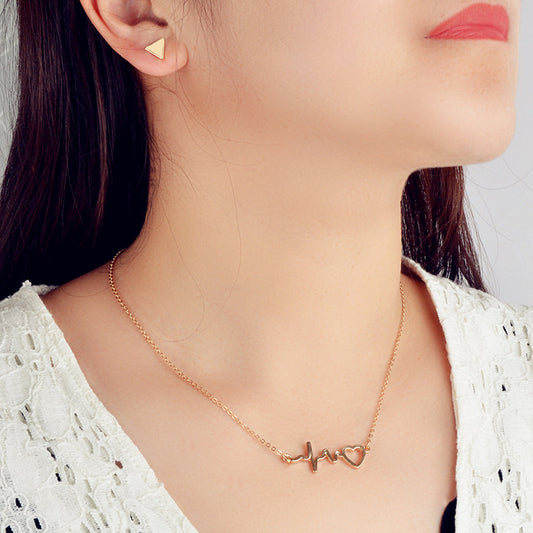Minimalist Jewellery set Gold Chain Heartbeat Necklace and Triangle Earrings-0