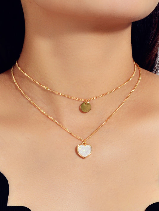 2 pcs Multiple Gold Silver Chain Round Heart Charm Women Necklace Female Jewelry-0