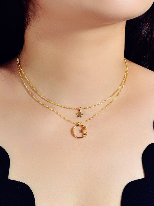 Awesome Jewelry Double layer Chain Star Circle Pendant Necklace Engagement Gift-0
