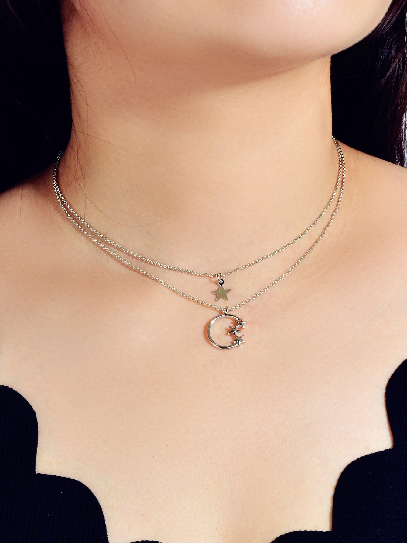 Awesome Jewelry Double layer Chain Star Circle Pendant Necklace Engagement Gift-5