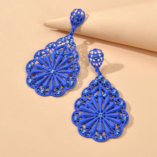 Traditional Ethnic Jewellery Rhinestone Hollow Flower Water Drop Holiday Earring-0