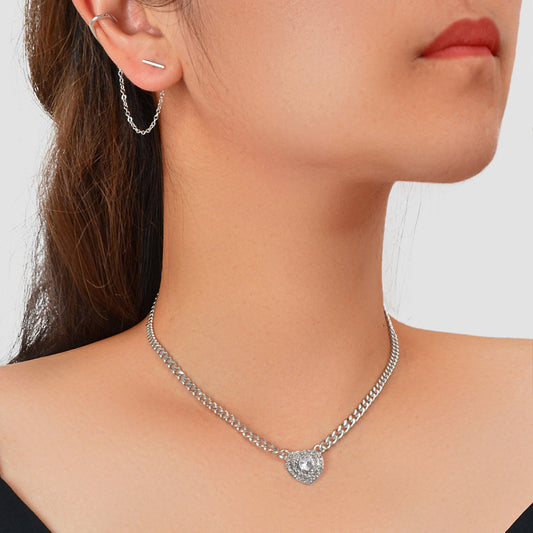 Luxury Jewellery Set Cubic Zirconia Heart Pendant Necklace Silver Ear Cuff Stud-0