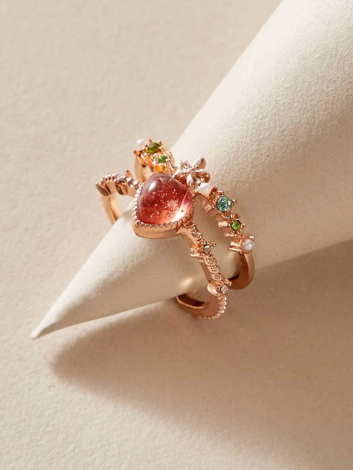 AU Post Luxury Faux Pearl Rhinestone Red Love Heart Rosegold Cuff Finger Ring-0