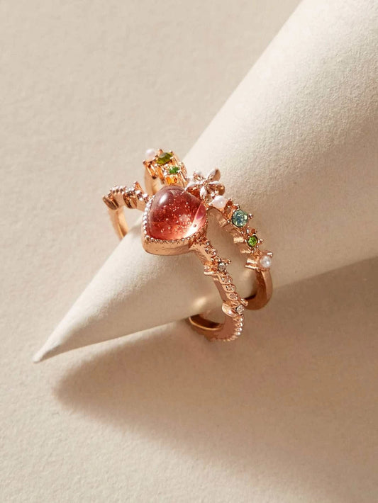 AU Post Luxury Faux Pearl Rhinestone Red Love Heart Rosegold Cuff Finger Ring-0