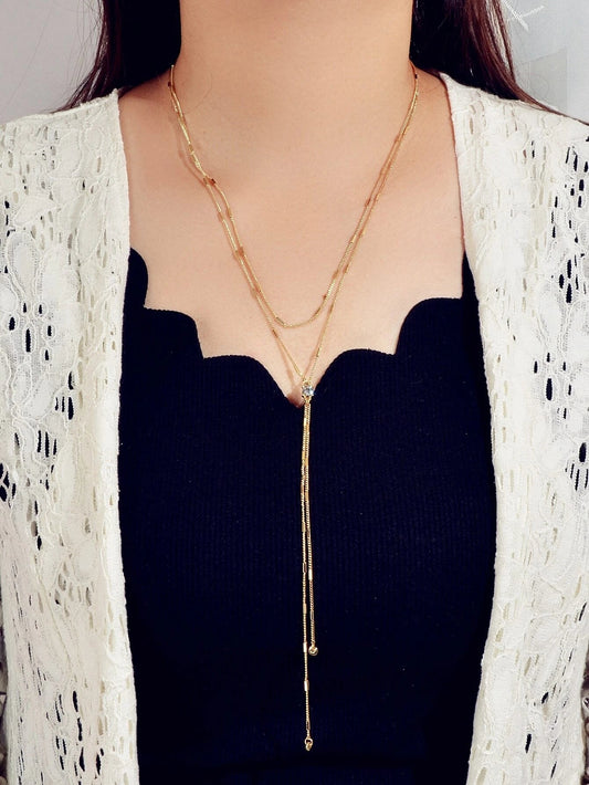 Rhinestone Double layer Long Chain Y-lariat Fringe Necklace Textured Jewellery-0