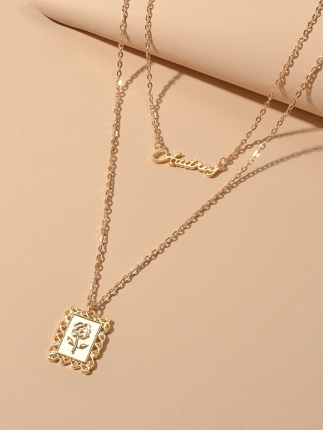 Unique Double layer Chain Letter Charm Flower Pattern Square Pendant Necklace-2